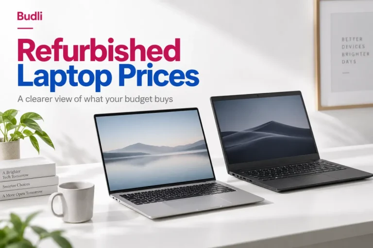 Silver and black laptops with the headline Refurbished Laptop Prices